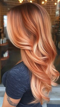 Add volume and depth to your hair with peachy copper layers that stand out. Discover more voluminous hairstyles on our website. Don’t forget to save this pin for your next layered hair transformation! Copper Reverse Balayage, Copper Hair With Dimension, Voluminous Hairstyles, Cooper Hair, Pampered Princess, Hair Formulas, Copper Hair Color Ideas, Peach Hair Colors, Ginger Color