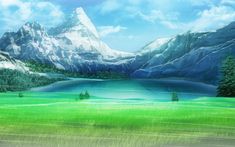 a painting of a mountain lake surrounded by green grass