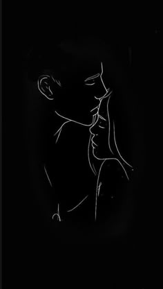 a black and white drawing of a man kissing a woman