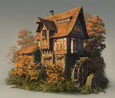 an old house is surrounded by flowers and trees