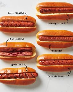 four hotdogs with different toppings on them and labeled in the top row