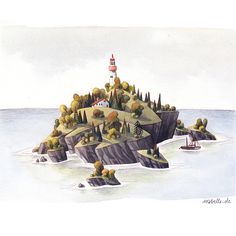 an illustration of a small island in the middle of water with a lighthouse on top