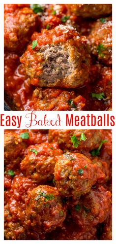 meatballs in marinara sauce with parsley on top and the words easy baked meatballs