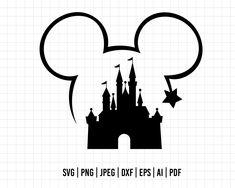 the silhouette of mickey mouse's castle with stars in its ears, on a white background