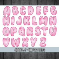 the alphabet and numbers are made out of bubbley pink letters on a wooden background