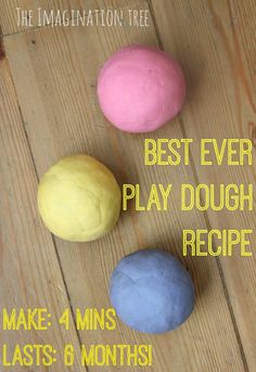 three doughnuts on a wooden table with the words best ever play dough recipe