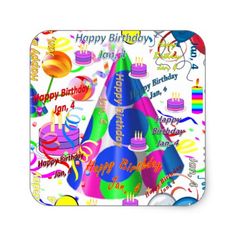 a birthday cake with candles and confetti on it is surrounded by other happy birthday items