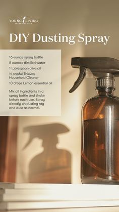 Don’t let the dust gather in your home and say goodbye to dusting sprays that contain toxins! Keep things sparkly clean and shining with this DIY dusting spray. Just a bit of Thieves Household Cleaner, distilled water, olive oil, and Lemon essential oil can go a long way! #youngliving #yleo #health #wellness #essentialoils #cleaning #toxinfree Diy Dusting Spray, Young Living Recipes, Dusting Spray, Thieves Household Cleaner, Young Living Essential Oils Recipes, Essential Oils Cleaning, Essential Oils Herbs, Essential Oil Mixes, Essential Oil Blends Recipes