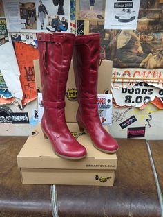 This pair of Dr Martens boots are an older, much loved at the time, deleted model. This range of shoes and boots had a cute kitten heel and were very comfortable. This version is the Jenna Hi . It's knee length in height and has side zips on the outside of each foot. This is a nice Red Nappa leather. They are a UK size 3, European 36, ladies USA 5. Heeled Boots Outfit, University Clothes, Red Knee High Boots, Girlfriend Clothes, Whimsical Shoes, 90s Boots, Red Leather Boots, Funky Shoes, Dr Martens Boots