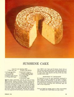 an advertisement for sunshine cake with a piece cut out and the inside of it's crust