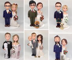 wedding cake toppers in different poses with dogs and cats on their heads, bride and grooms