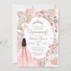 a pink and gold quinceaue wedding card with an image of a woman in a