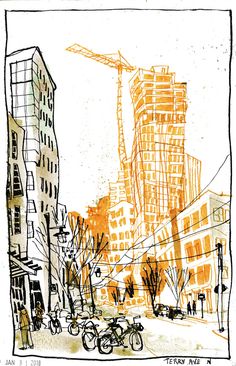 an orange and white drawing of a city street with tall buildings in the background,