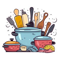 an illustration of pots and pans with utensils