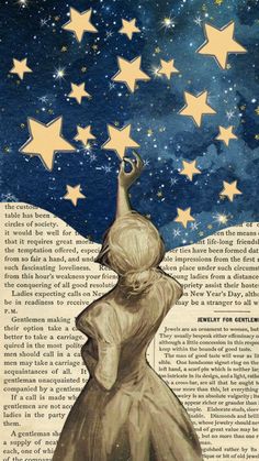 an illustration of a woman looking up at the stars above her head, on top of a book page