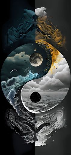 the yin symbol is painted in black and white, with an ocean scene behind it