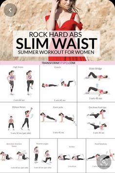 an image of a woman doing exercises on her stomach with the text rock hard abs slim waist