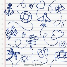 hand drawn doodles on lined paper with various travel related items in the sky and palm trees