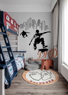 a child's bedroom with a bunk bed and wall decals