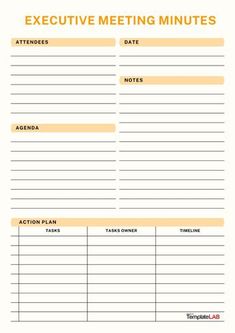 an executive meeting minutes template with orange and yellow accents on the front, and white background