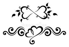 two hearts with swirls and leaves on white background royalty illustration