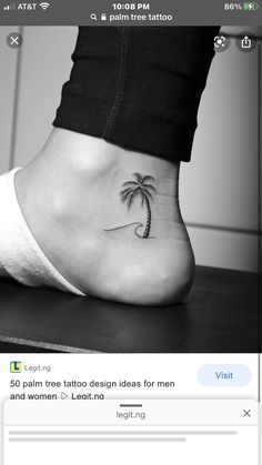 a small palm tree tattoo on the side of a person's foot with text below it