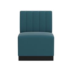 an upholstered blue chair with black legs