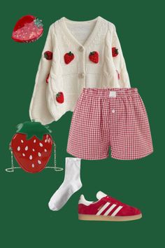 summer outfit, strawberry cardigan, boxer shorts outfits, mushroom purse, adidas sambas, summer vacation outfits. Strawberry Aesthetic Outfit, Mushroom Purse, Boxer Shorts Outfit, Strawberry Clothing, Strawberry Cardigan, Mushroom Outfit, Lawyer Outfits