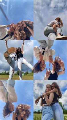 multiple pictures of two women and one man in the air with their arms around each other