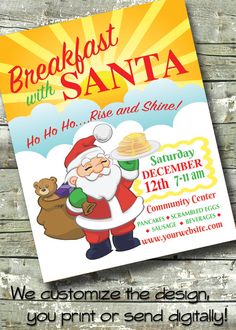 a flyer for breakfast with santa on the front, and an image of a bear holding a