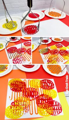 some plates with different designs on them sitting on a red and yellow table cloth next to each other