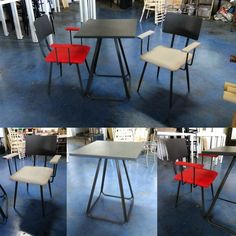 four pictures of different chairs and tables on the floor