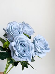 a person holding a bouquet of blue roses