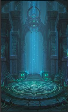 an image of a fantasy scene with blue light coming from the entrance to a building