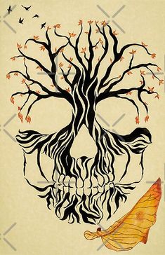 a drawing of a tree with its roots in the shape of a skull