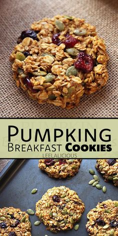 pumpkin breakfast cookies with oats and cranberries are on a baking sheet next to the cookie