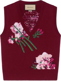 Gucci floral-intarsia Wool Vest size M Gucci Knitwear, Gucci Floral, Wool Vest, Merino Wool Sweater, Red Wool, Sweater Vest, Wardrobe Essentials, Tank Top Fashion, Alexander Mcqueen