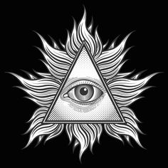 an all seeing eye in the center of a triangle with flames coming out of it