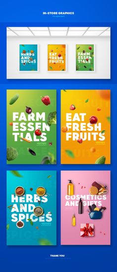 four different banners with the words farm fresh fruits and vegetables on them, all in bright colors