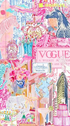 a collage of pink, blue and white artwork with the word vogile on it