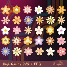 a bunch of flowers that are on a purple background with the words high quality svg and png