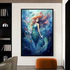 a painting of a mermaid with red hair and blue eyes is hanging on the wall