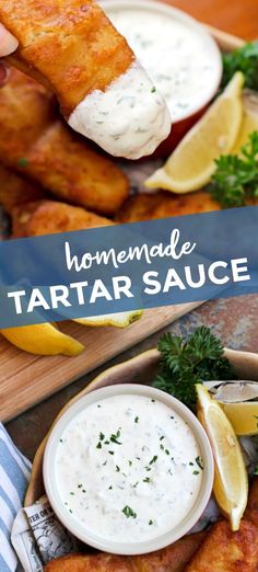 the homemade tartar sauce is being drizzled over fish