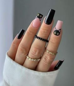 Popular Nails, Halloween Nail Designs, Pink Nail, Black Cat Halloween, Nail Polishes, Nail Accessories