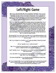 a page from the book left / right game with purple flowers and blue text on it