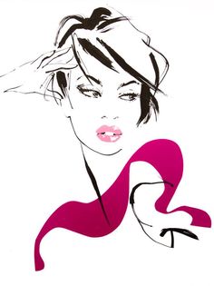 a drawing of a woman's face with her hair blowing in the wind and pink lipstick