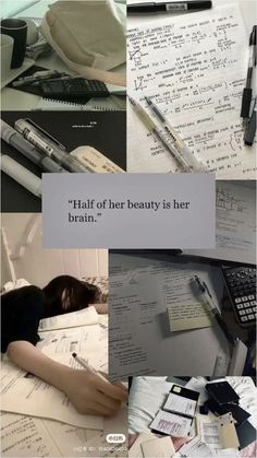 there is a collage of photos with writing on them and the words half of her beauty is her brain