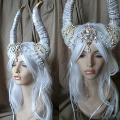 White horns winter headpiece fur gold horn rhinestones tribal Festival Rave cosplay bubblegum goth Victorian Viking bull horns sold at pamzylove.com White Horns Aesthetic, Viking Headpiece, Ram Horns Headpiece, Winter Headpiece, Fantasy Horned Headpiece For Festival, Gogo Dancer Outfits, Horned Headpiece