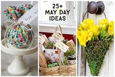 three different pictures with flowers in them and the words 25 + may day ideas