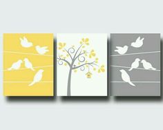 four canvases with birds sitting on wires and trees in yellow, gray and white